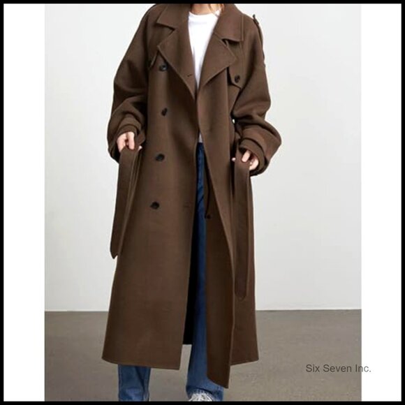 Women's Double Breasted Trench Coat Long Sleeve Loose Fit Belted Pea Coat - Picture 3 of 6